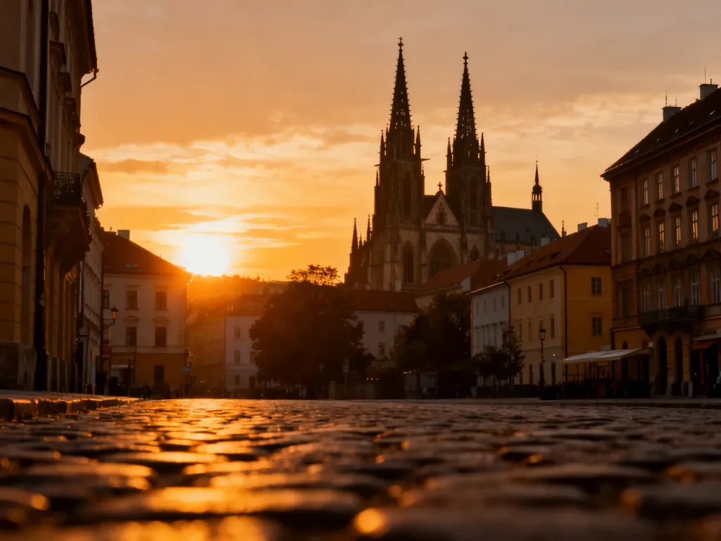 Sylwetka katedry św. Piotra i Pawła w Brnie na tle zachodzącego słońca, górująca nad historycznym centrum miasta.
