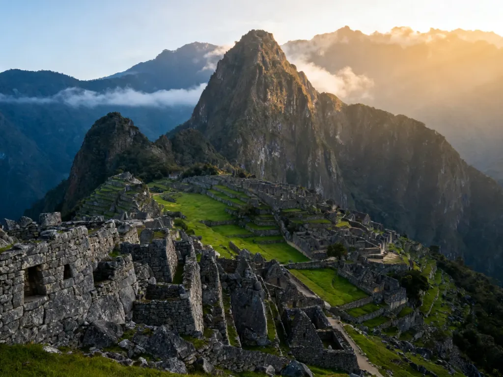Starożytne ruiny Machu Picchu w Peru położone na tle majestatycznych, zamglonych szczytów Andów w porannym słońcu.