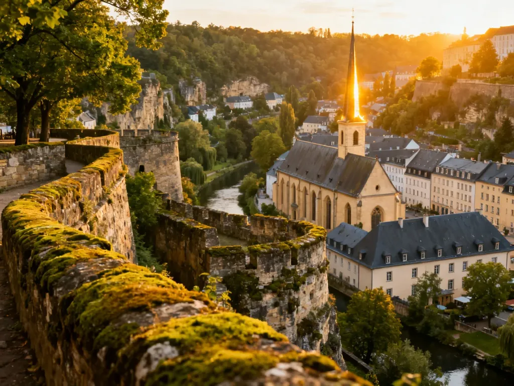 Panoramiczny widok na historyczne mury obronne Luksemburga i dolinę rzeki Alzette w blasku zachodzącego słońca.