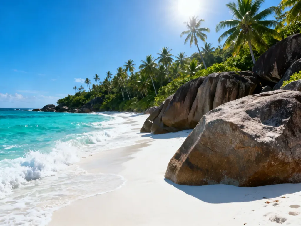 Piaszczysta plaża na Seszelach z charakterystycznymi granitowymi głazami, turkusową wodą i bujną roślinnością.