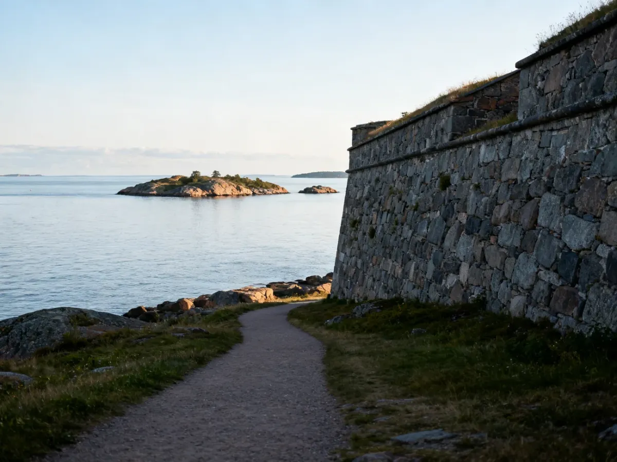 Widok na kamienne umocnienia Suomenlinny nad spokojnym Bałtykiem