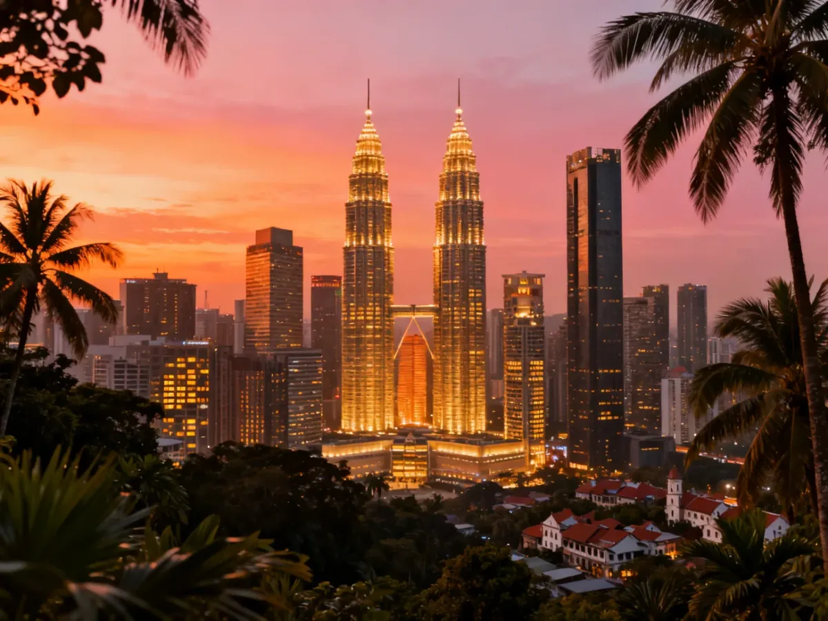 Panorama Kuala Lumpur z wieżami Petronas na tle tropikalnego miasta