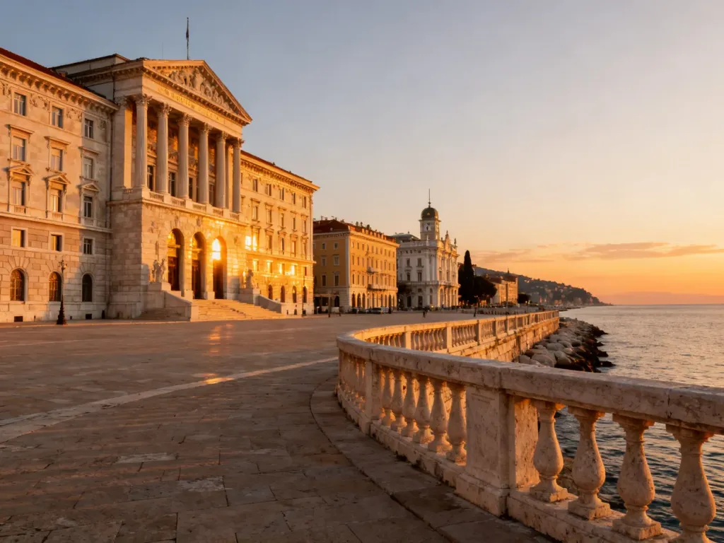 Piazza Unità d'Italia w Trieście o zachodzie słońca, ukazująca majestatyczną architekturę nad brzegiem Adriatyku.