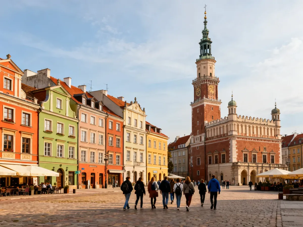 Panorama Starego Rynku w Poznaniu z kolorowymi kamienicami i ratuszem