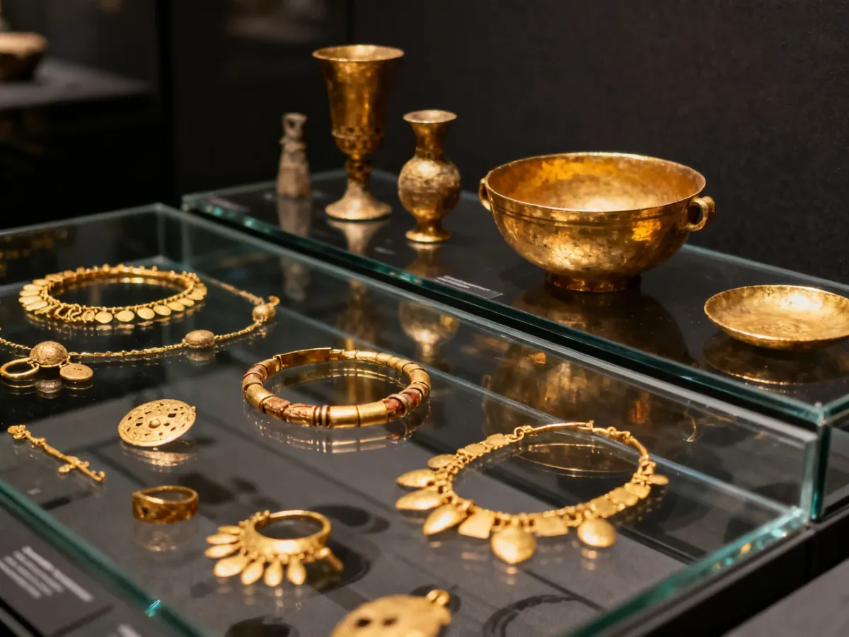 Prehistoric gold artifacts from the Varna Necropolis displayed in a museum