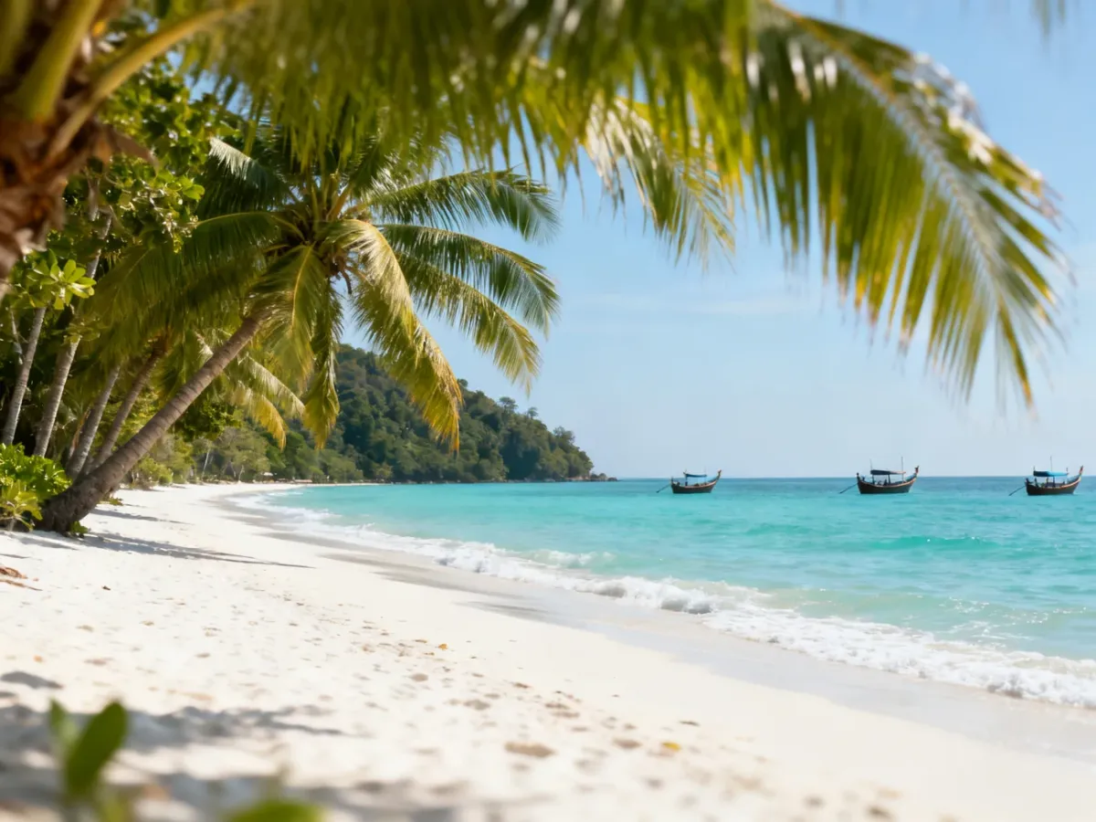 Spokojna tropikalna plaża Phuket z turkusową wodą i łodziami long-tail