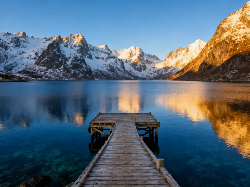 Panoramiczny widok na norweski fiord z drewnianym pomostem, otoczony ośnieżonymi górami w porannym świetle.