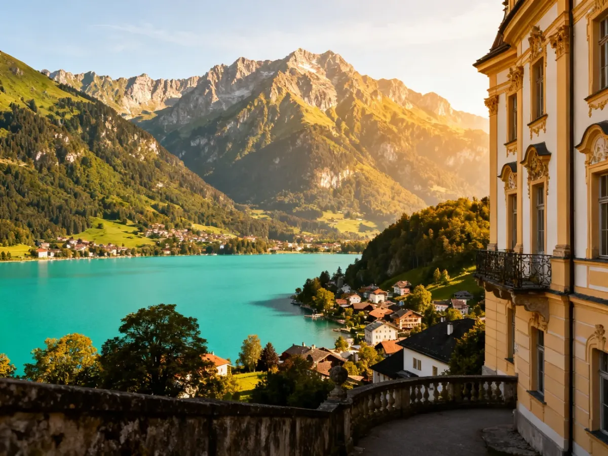 Panoramiczny widok Austrii łączący zabytkowe miasto, alpejskie góry i jezioro
