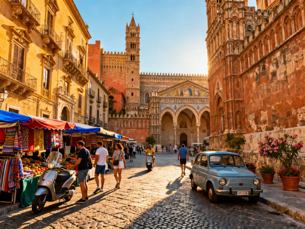 Tętniąca życiem ulica zabytkowego Palermo z architekturą i lokalnym targiem