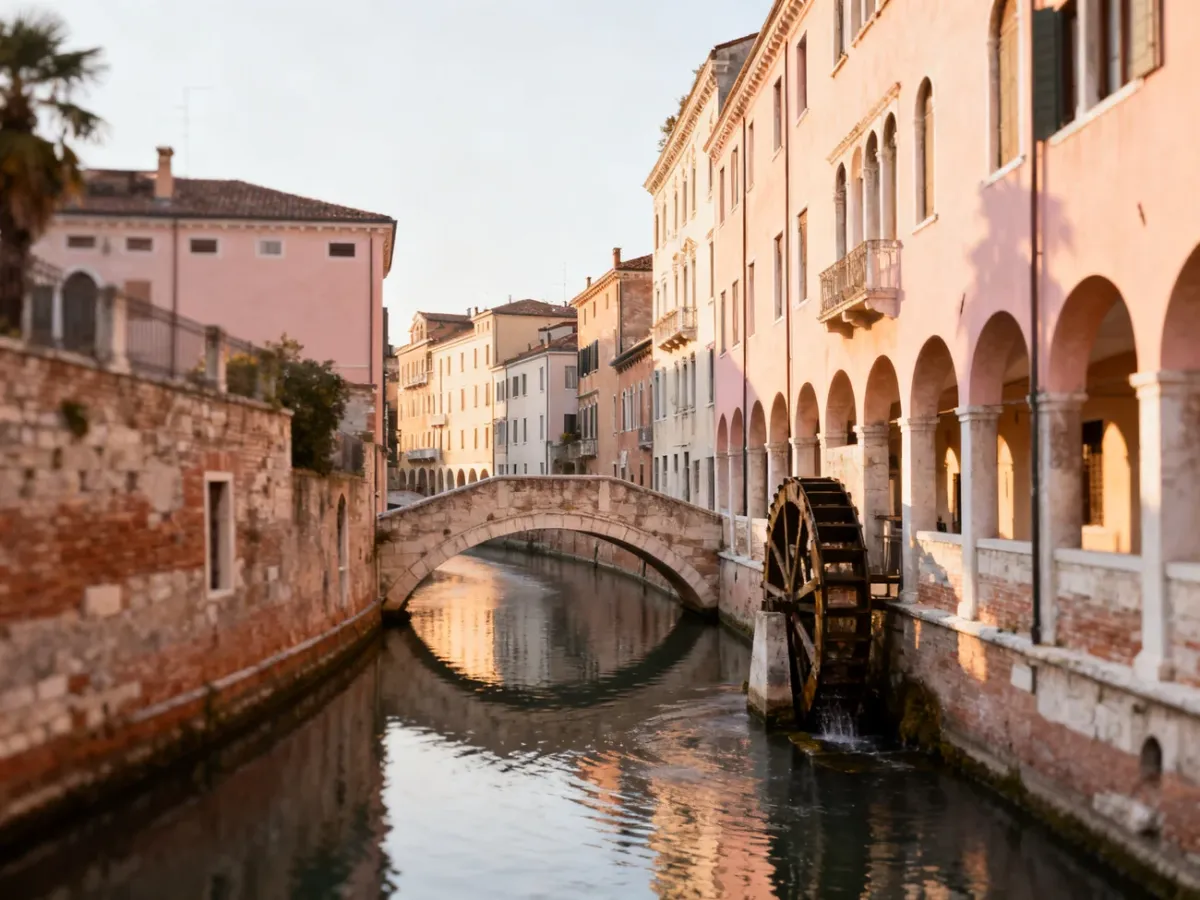 Kanał w historycznym centrum Treviso z kamiennym mostkiem i pastelowymi kamienicami