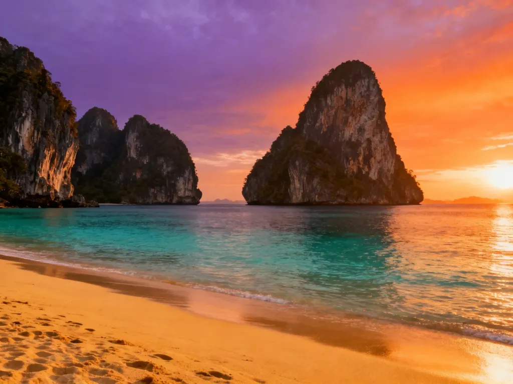 Malownicza plaża na Phuket o zachodzie słońca z charakterystycznymi formacjami skalnymi wystającymi z turkusowej wody.