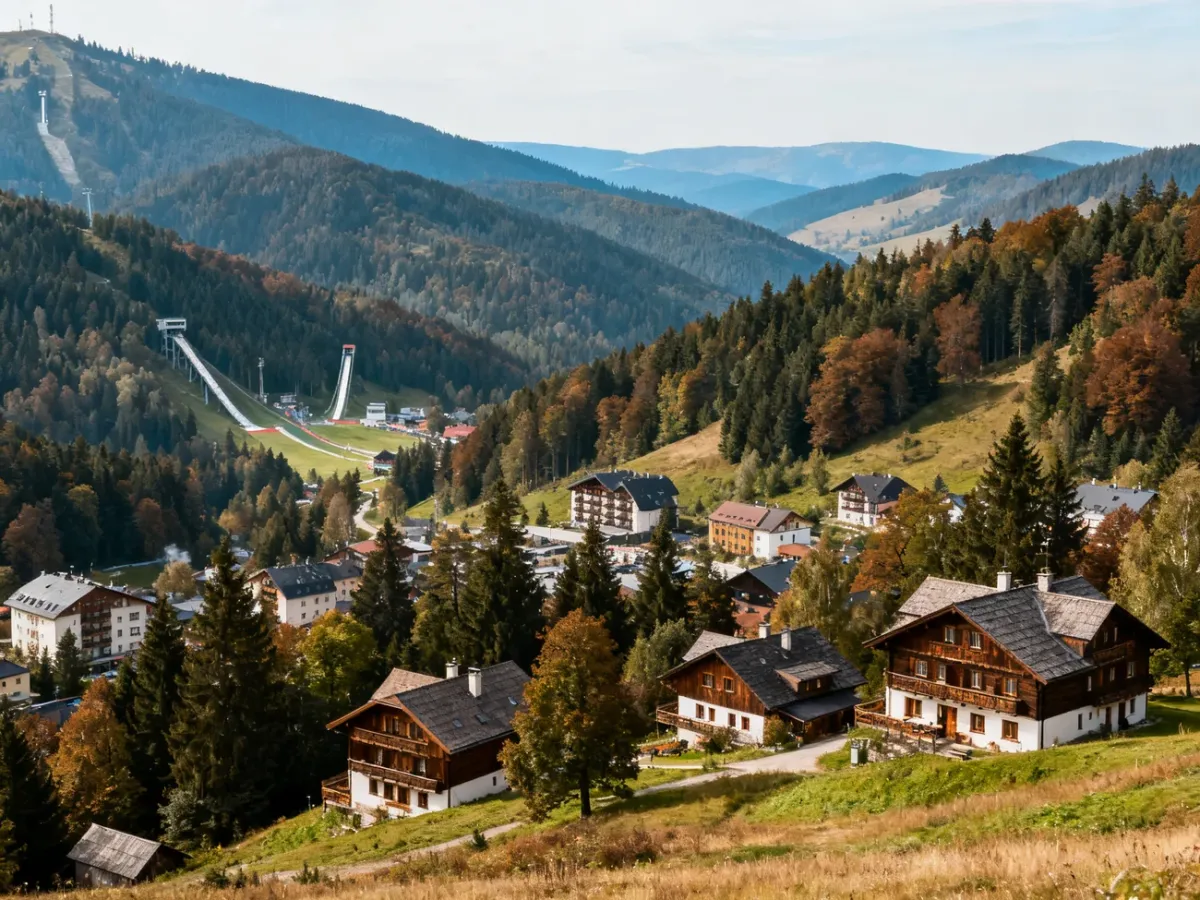 Panorama Harrachova z górskim krajobrazem i kompleksem skoczni