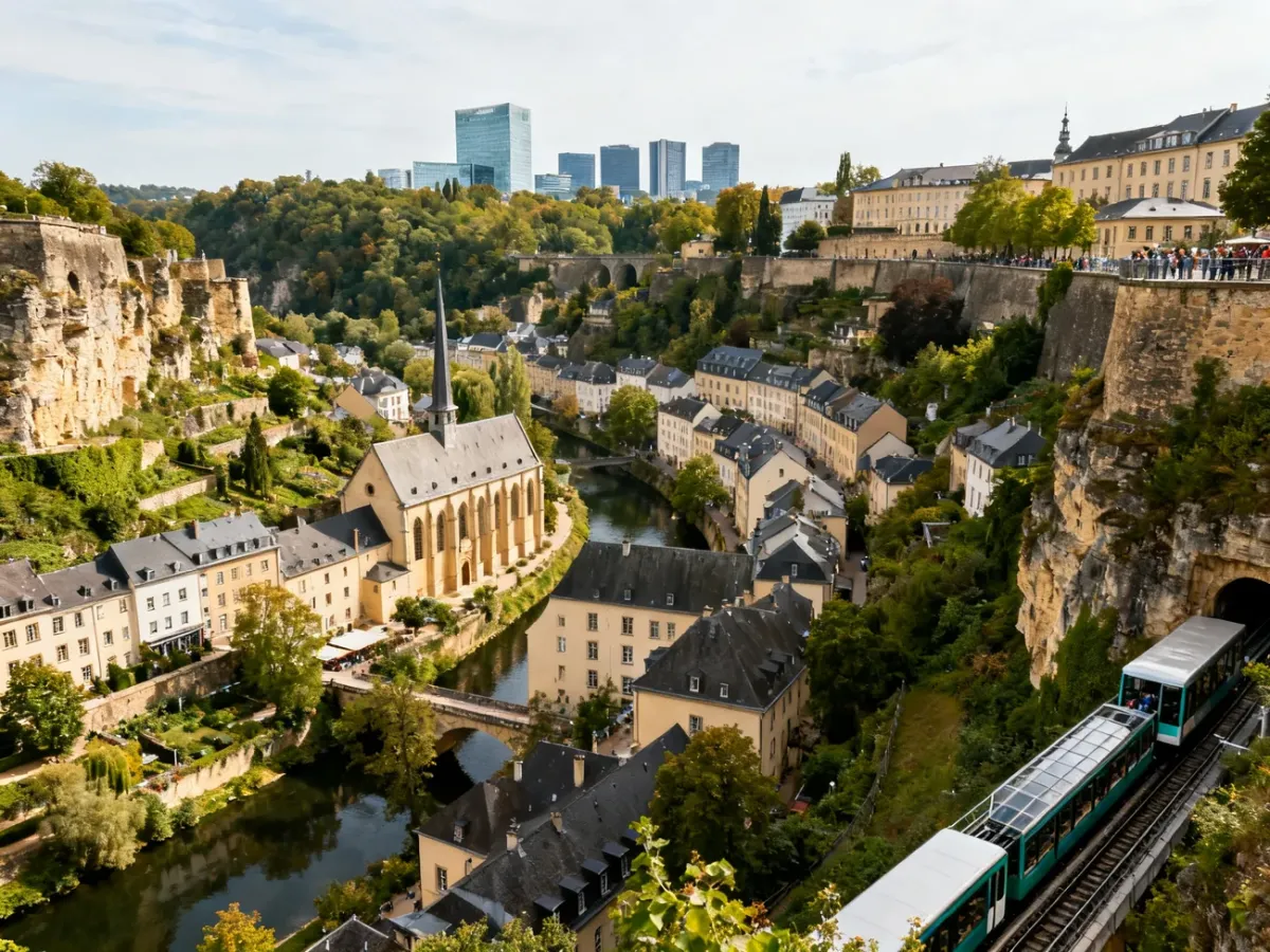Panoramiczny widok na Grund, dolinę Pétrusse i nowoczesny Kirchberg w Luksemburgu