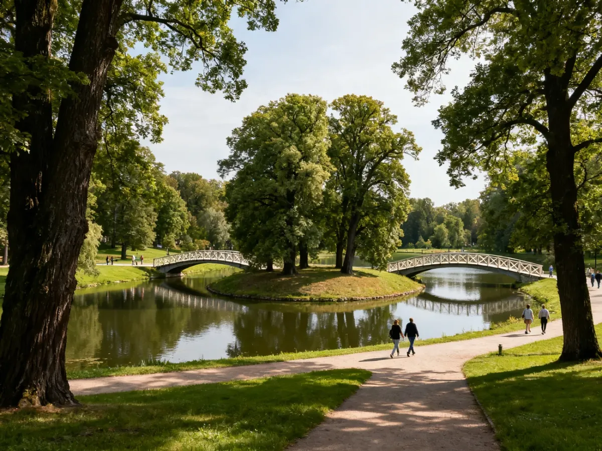 Park Zdrojowy w Nałęczowie ze stawem, mostkiem i alejkami wśród zieleni