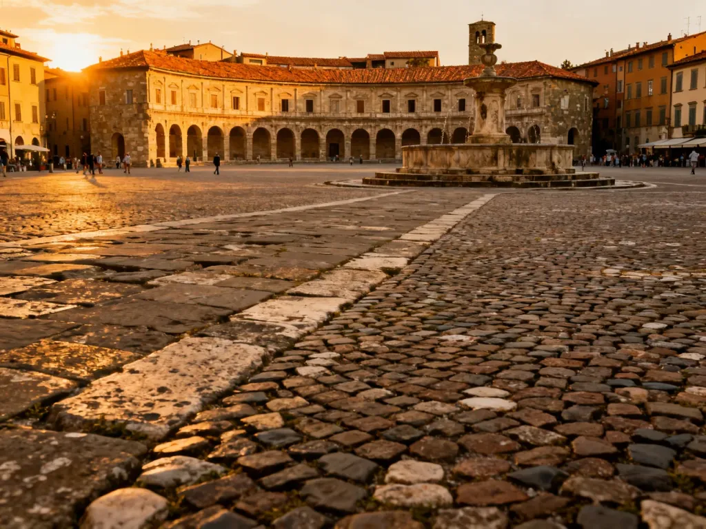 Panoramiczny widok na Piazza dell'Anfiteatr w Lukce o zachodzie słońca, ukazujący zabytkową architekturę miasta.