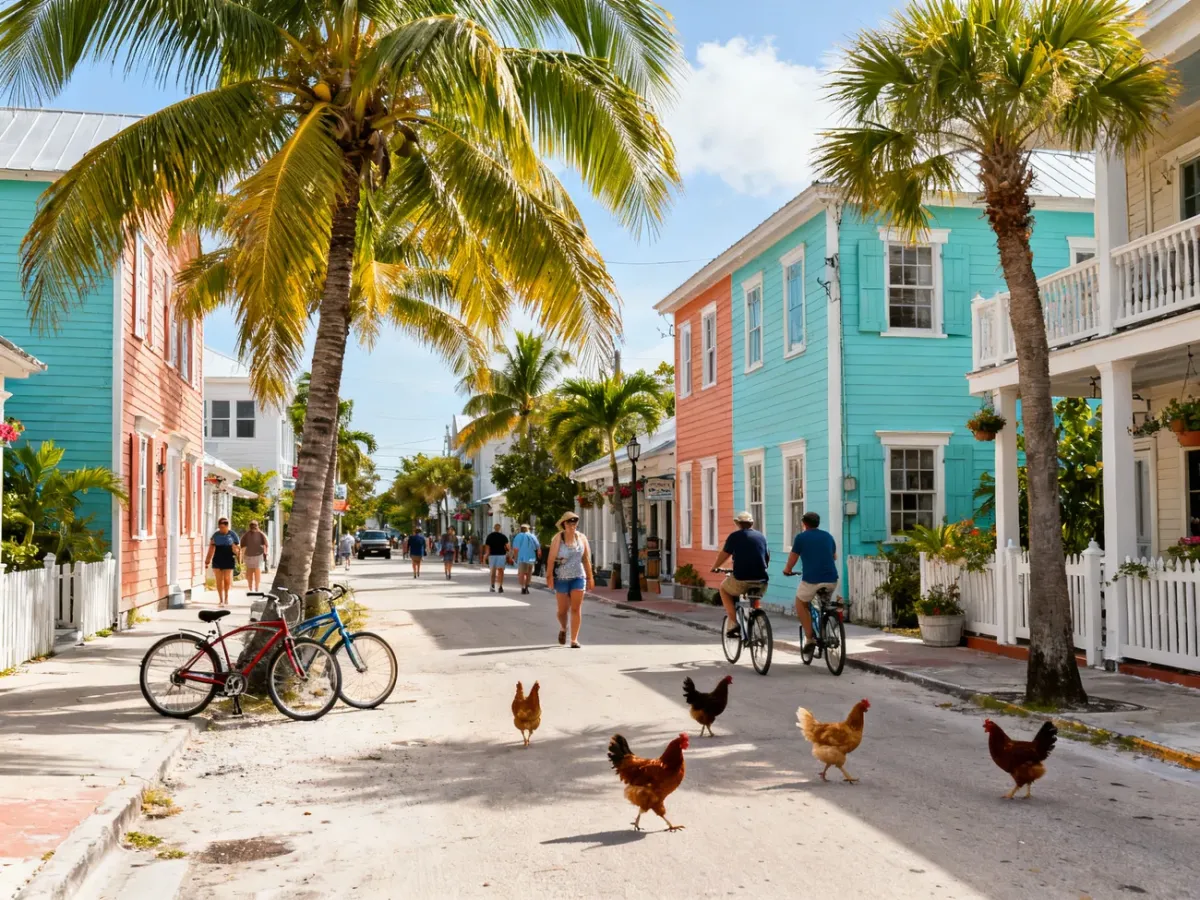 Kolorowa ulica Key West z drewnianymi domami, palmami i spacerującymi kurami