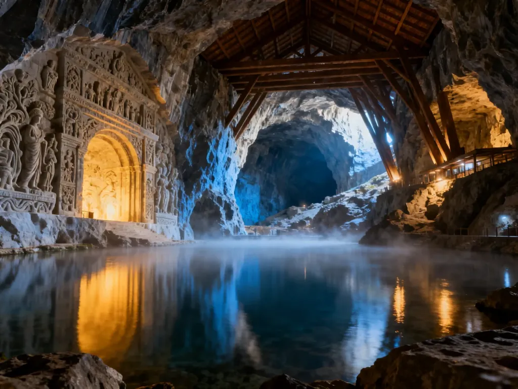 Wnętrze podziemnej katedry w Kopalni Soli w Wieliczce z oświetlonym jeziorem i misternie rzeźbionymi solnymi ścianami.