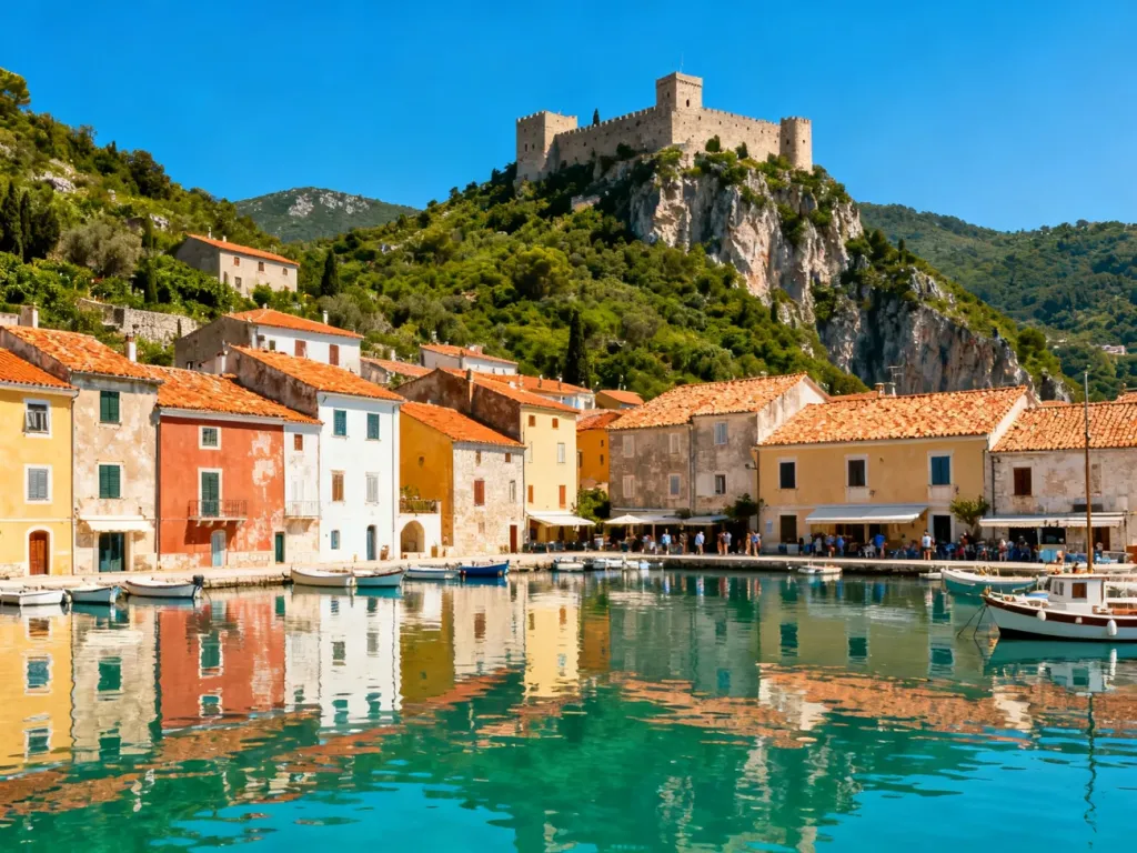 Malowniczy port w Portofino z kolorowymi kamienicami odbijającymi się w turkusowej wodzie i zamkiem na zielonym wzgórzu.