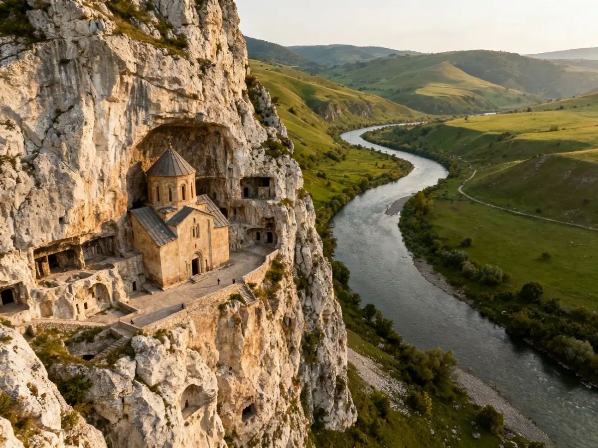 Skalny klasztor Orheiul Vechi nad zieloną doliną rzeki Răut