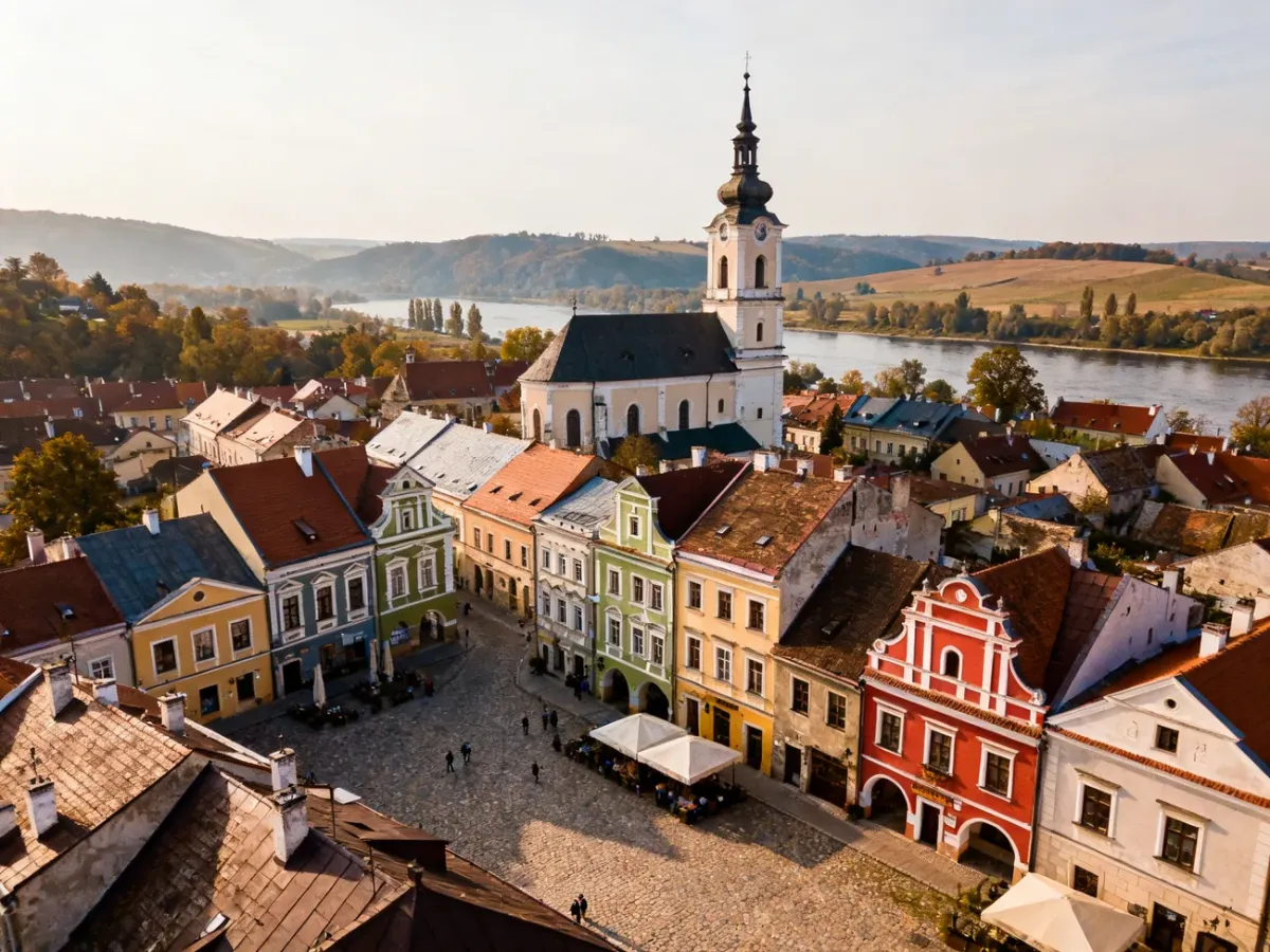 Panorama Kazimierza Dolnego z zabytkowym Rynkiem i doliną Wisły