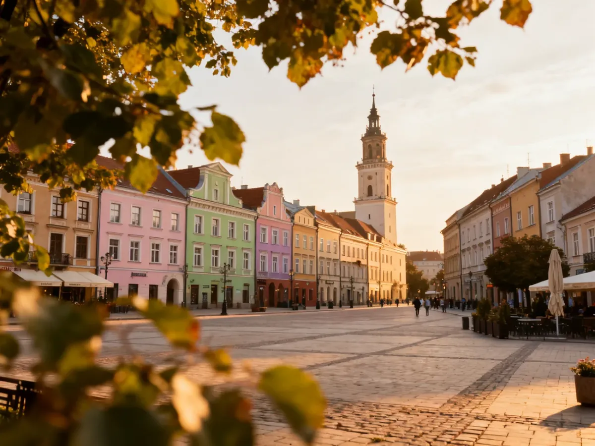 Rynek w Kaliszu z ratuszem i odrestaurowanymi kamienicami