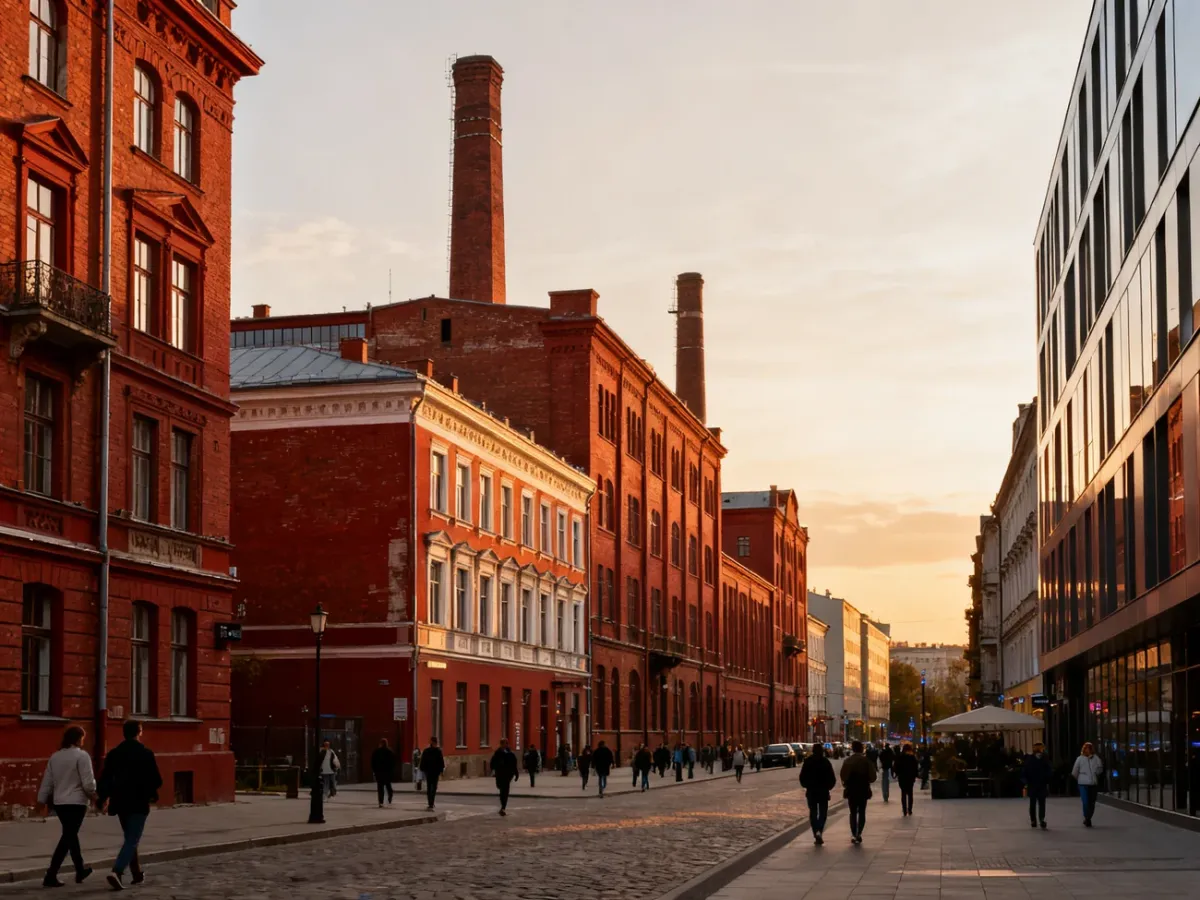 Panorama Łodzi łącząca zabytkowe fabryki i nowoczesną miejską przestrzeń