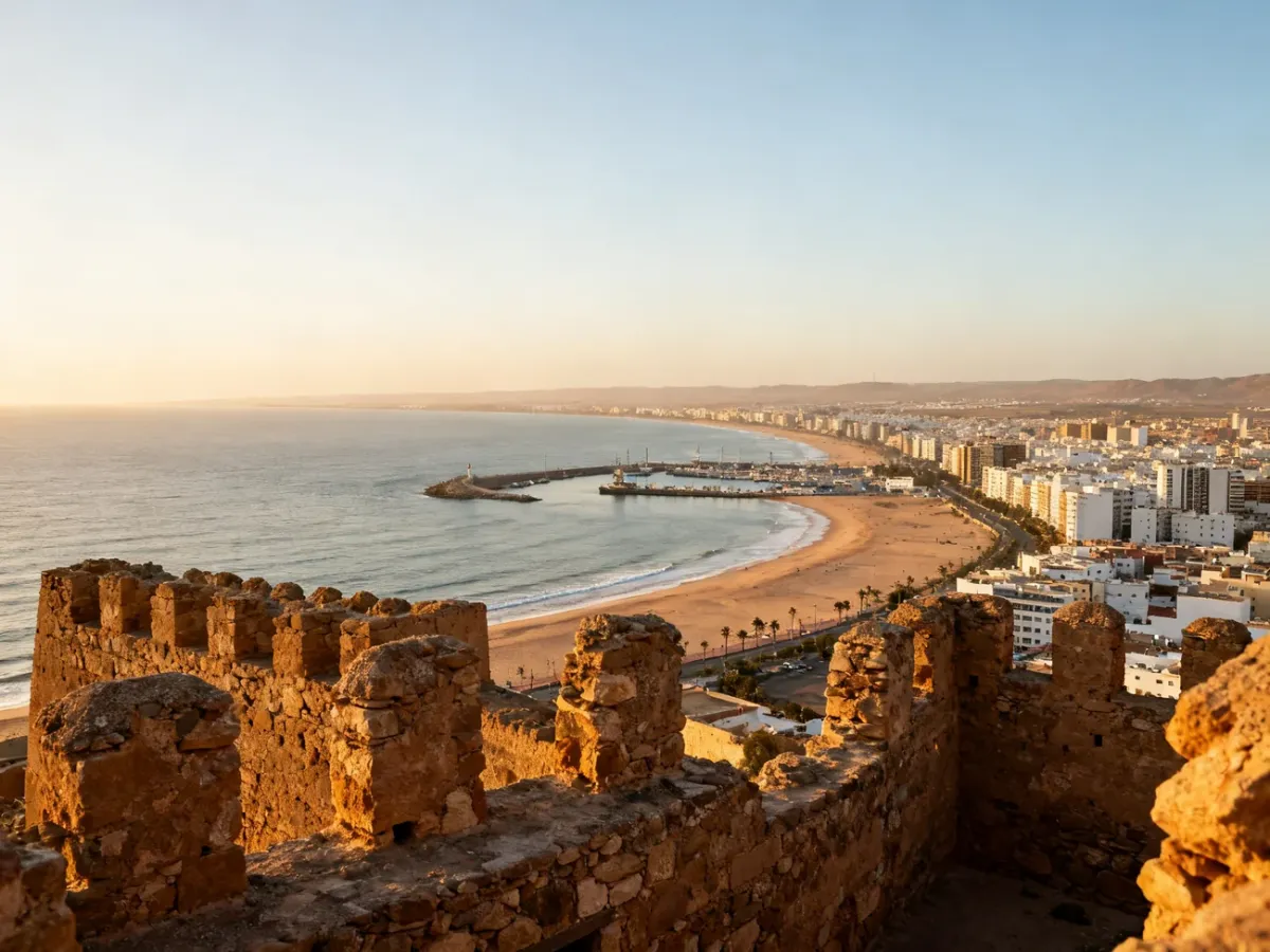 Panorama Agadiru i zatoki Atlantyku oglądana z ruin Kasbah Oufella