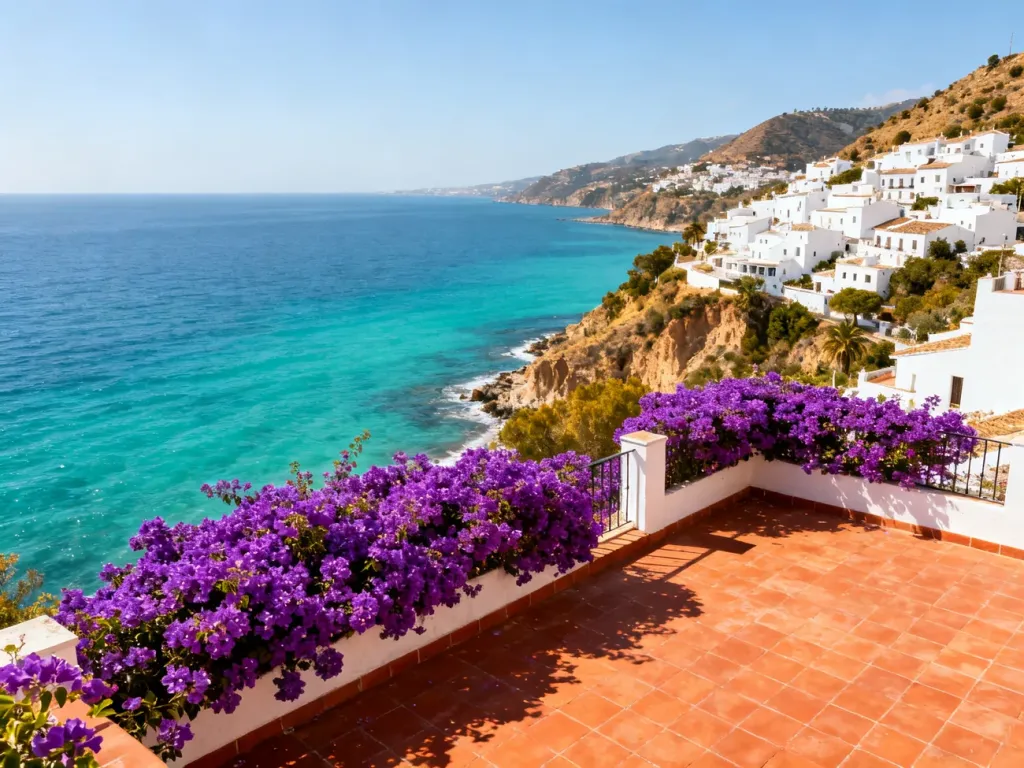 Panoramiczny widok na wybrzeże Costa del Sol z tarasem pełnym kwiatów bugenwilli oraz białymi domami w tle.
