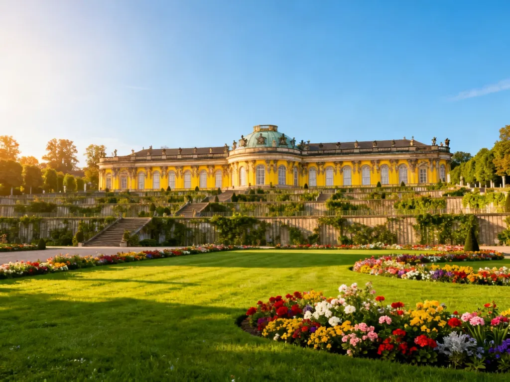 Pałac Sanssouci w Poczdamie z charakterystyczną żółtą fasadą i tarasowymi ogrodami w promieniach porannego słońca.