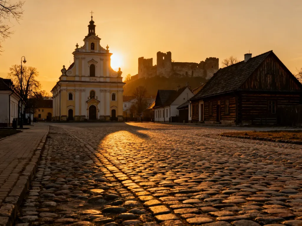 Panoramiczny widok na rynek w Tykocinie z barokowym kościołem i zabytkową zabudową w świetle zachodzącego słońca.