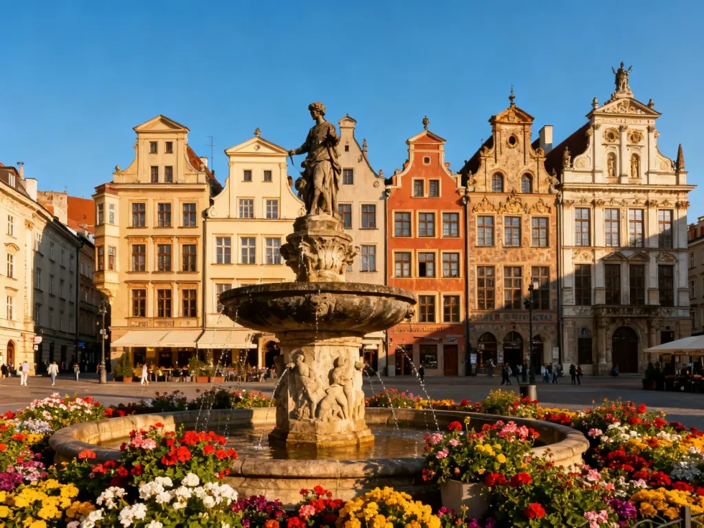 Zabytkowy rynek w Kazimierzu Dolnym z ozdobnymi kamienicami i fontanną w słoneczny dzień.