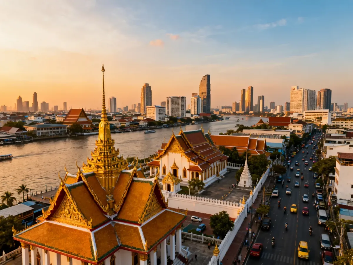 Panorama Bangkoku łącząca złote świątynie, rzekę i nowoczesne wieżowce
