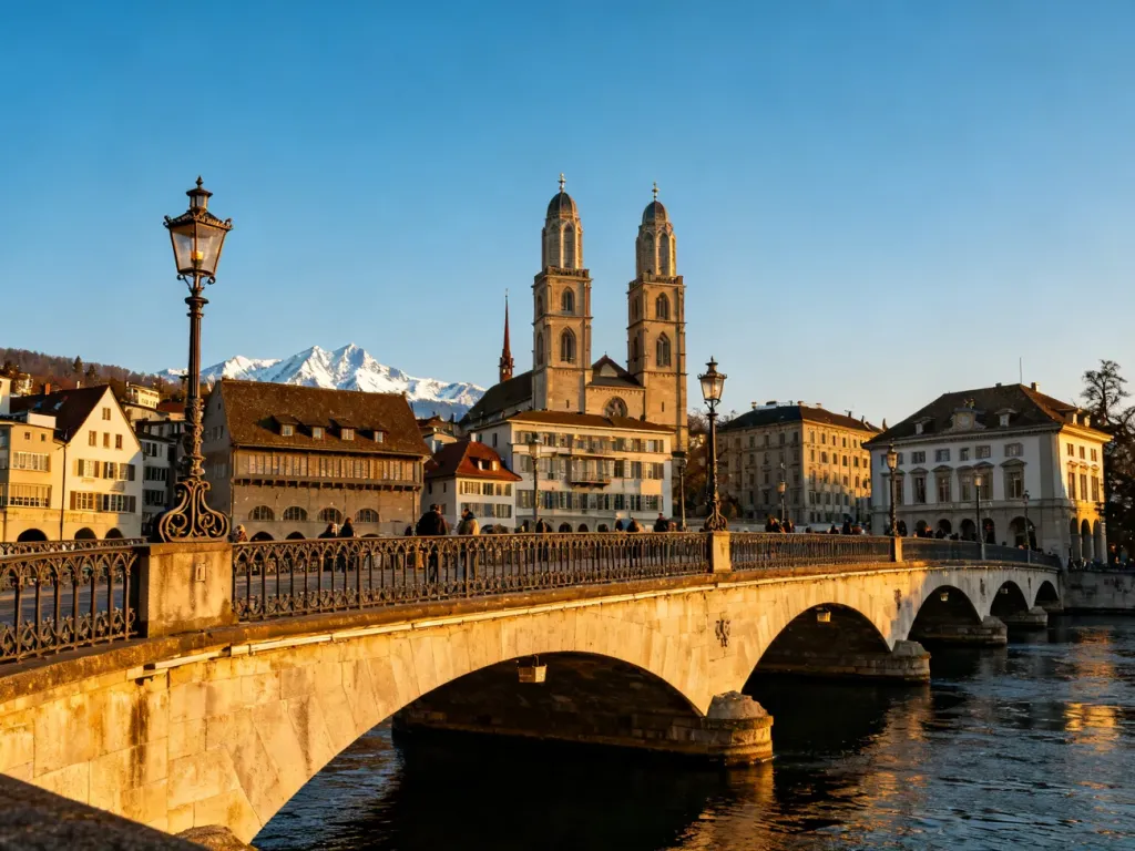 Panoramiczny widok na centrum Zurychu z kościołem Grossmünster, rzeką Limmat i ośnieżonymi Alpami w tle.