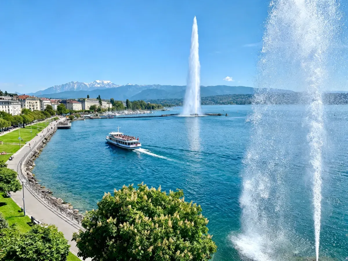 Fontanna Jet d’Eau nad Jeziorem Genewskim widziana z promenady