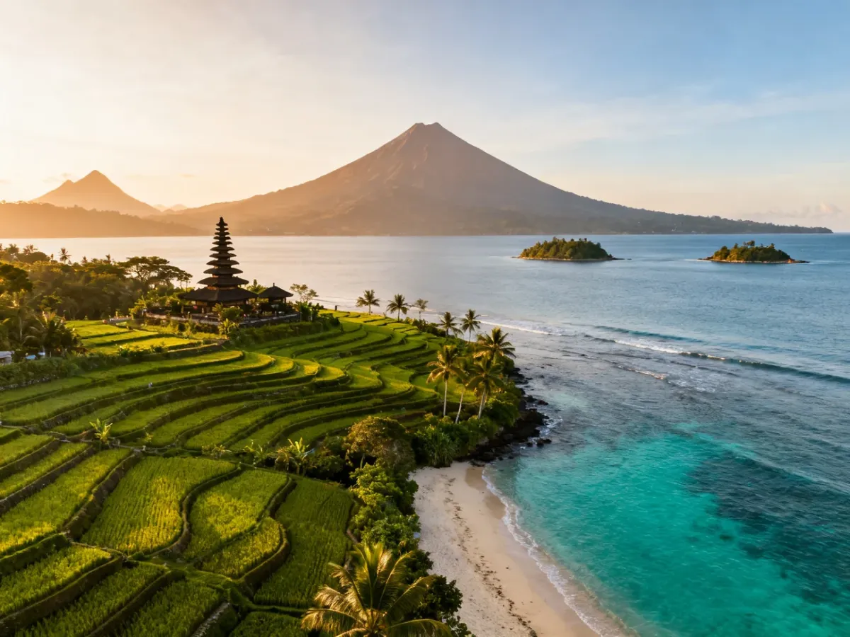 Panoramic krajobraz Indonezji z wulkanem, tarasami ryżowymi i tropikalną plażą