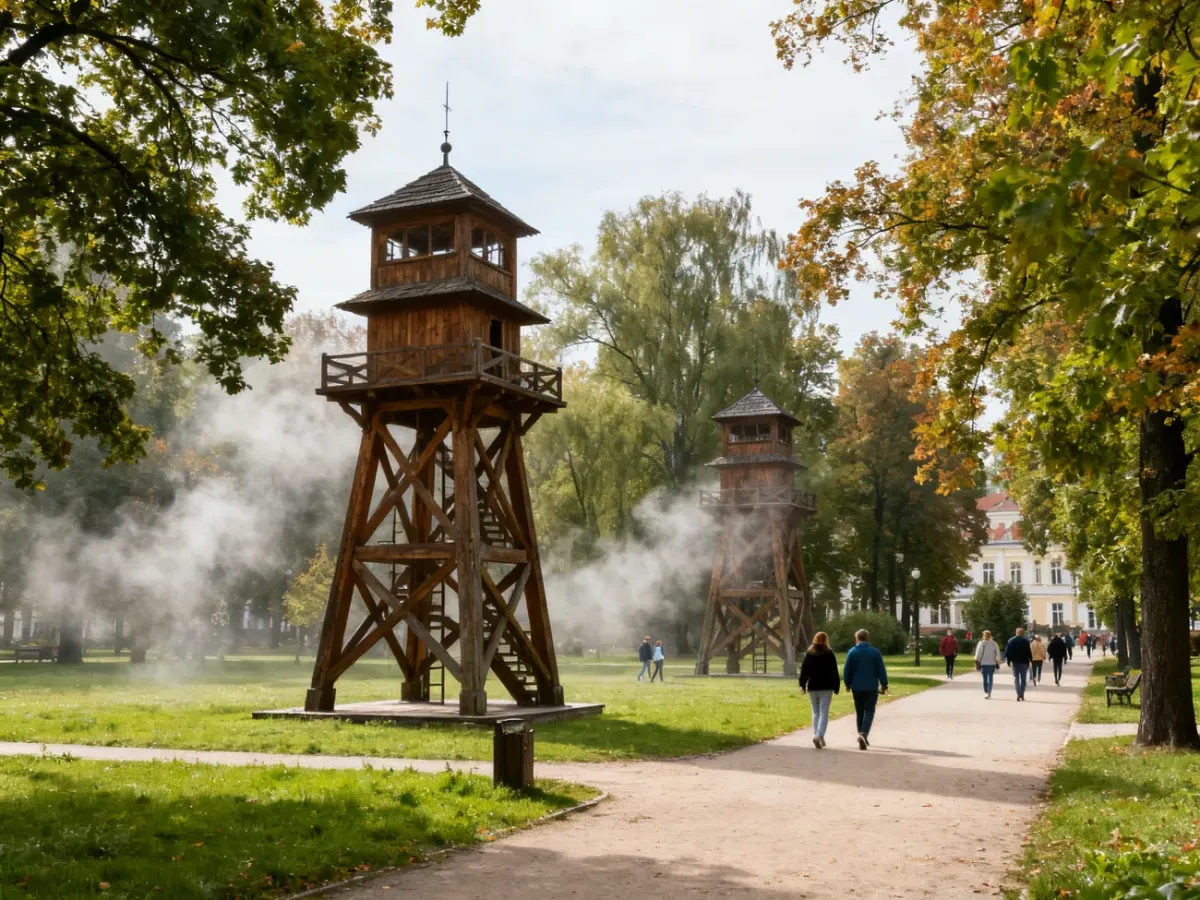 Zabytkowe tężnie solankowe w Ciechocinku otoczone zielenią i spacerowiczami