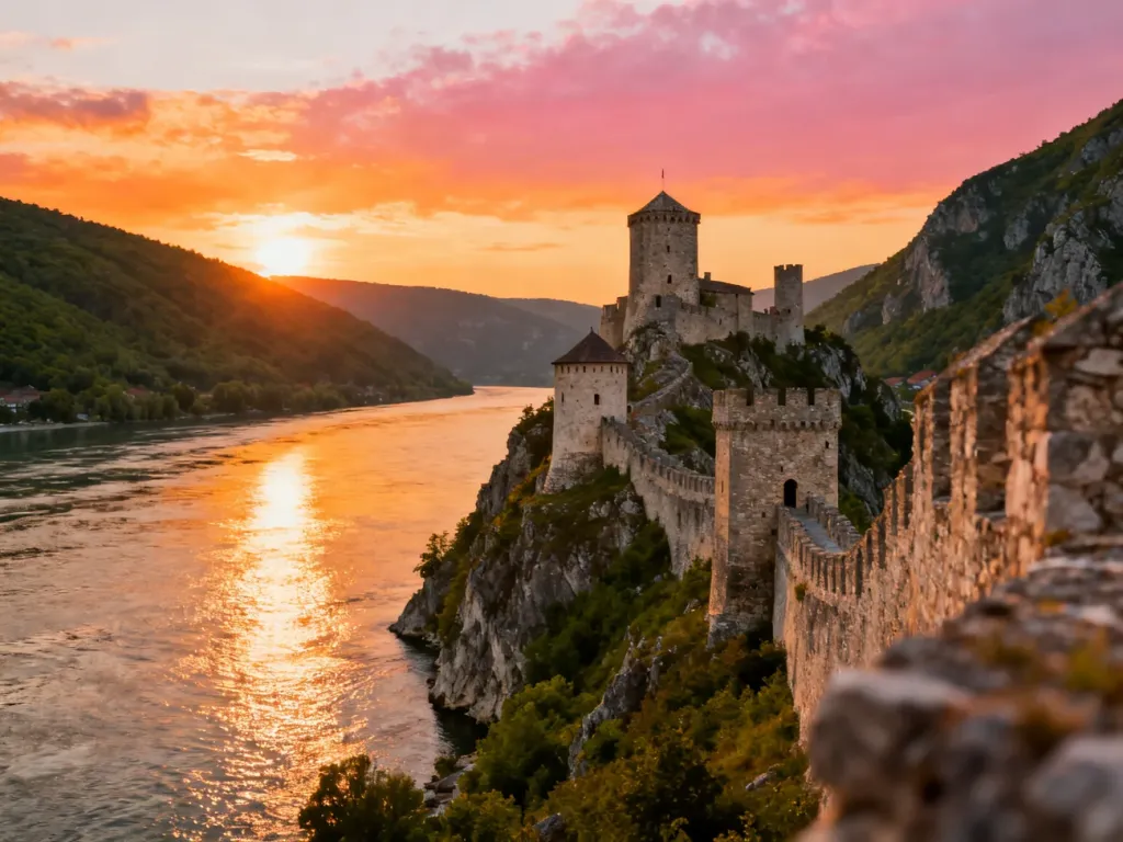 Średniowieczna Twierdza Golubac na skalistym brzegu Dunaju podczas zachodu słońca.