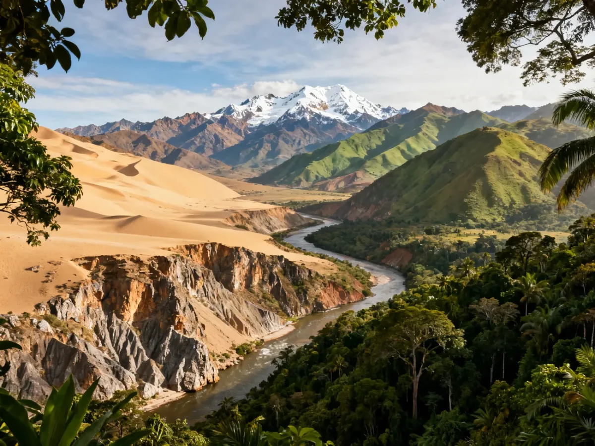 Panoramiczny krajobraz Peru łączący pustynne wybrzeże, Andy i amazońską dżunglę