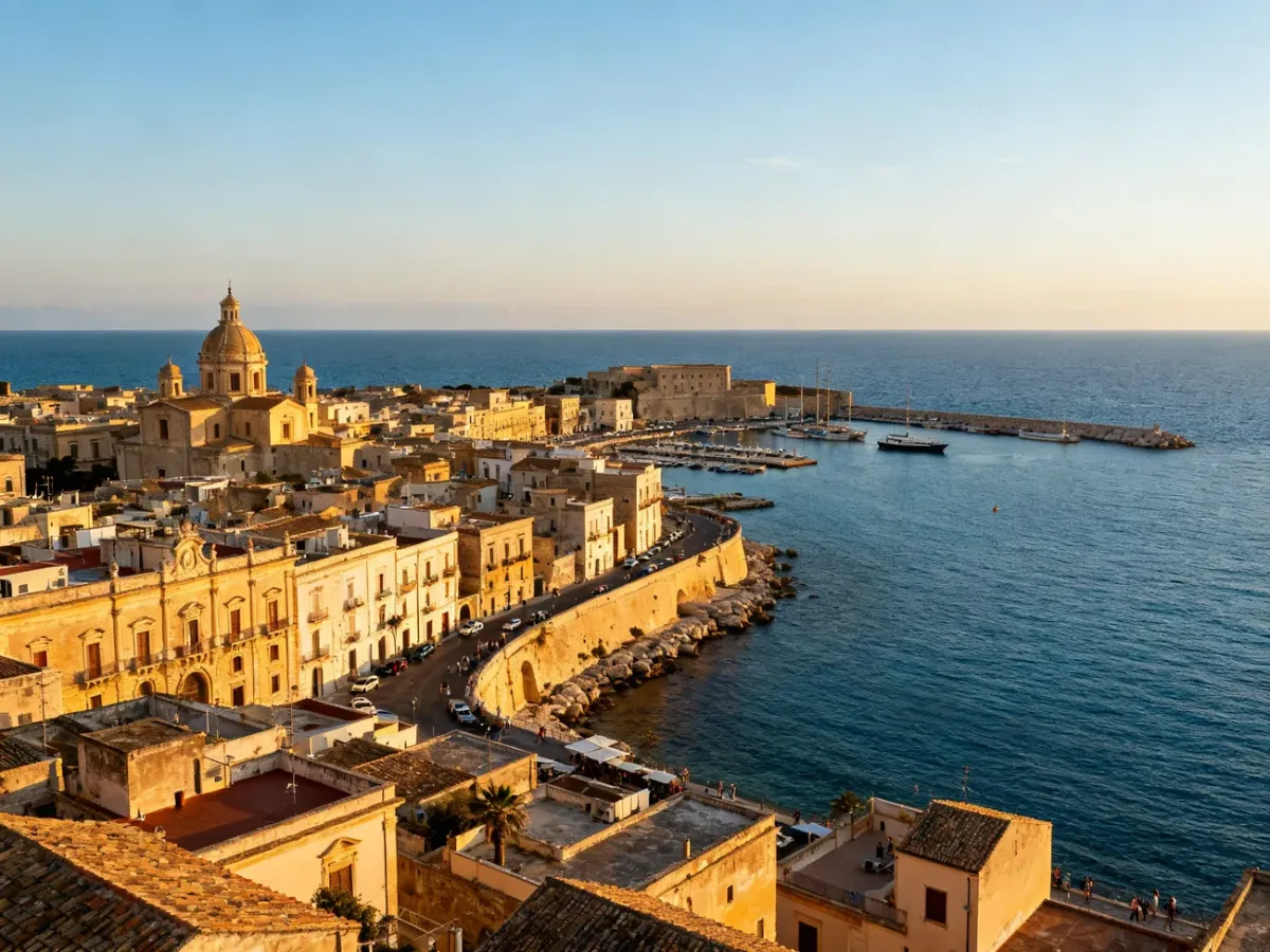 Panorama Trapani z zabytkowym centrum, portem i wybrzeżem Morza Śródziemnego
