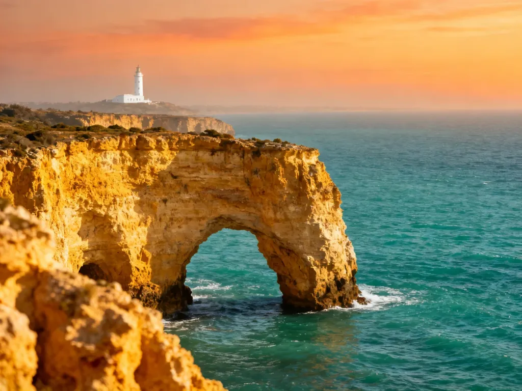 Panoramiczny widok na złote klify Algarve i turkusowy ocean podczas zachodu słońca.