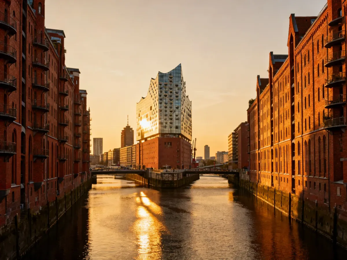 Panoramic view of Hamburg with Speicherstadt, canals and Elbphilharmonie