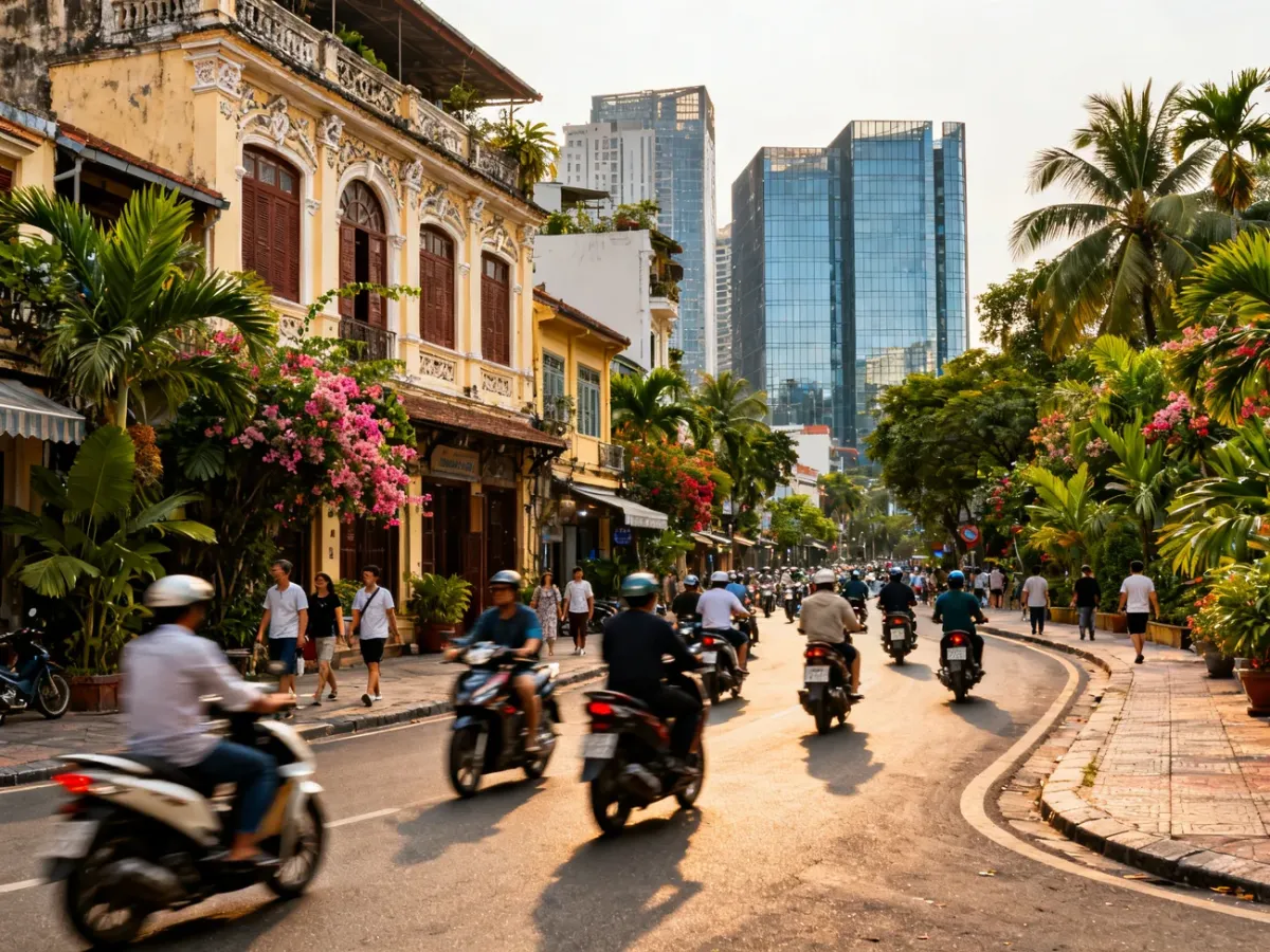 Ruchliwa ulica w centrum Ho Chi Minh z motorowerami, kolonialną zabudową i nowoczesnymi wieżowcami