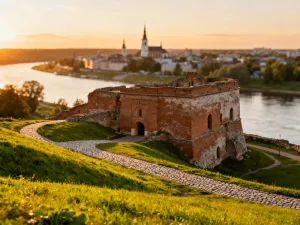 Panoramiczny widok na zabytkowe Citta Alta w Bergamo o zachodzie słońca, ukazujący dachy miasta i historyczne wieże.