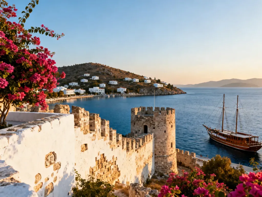 Zamek w Bodrum o zachodzie słońca z widokiem na błękitne Morze Egejskie i tradycyjne łodzie w porcie.