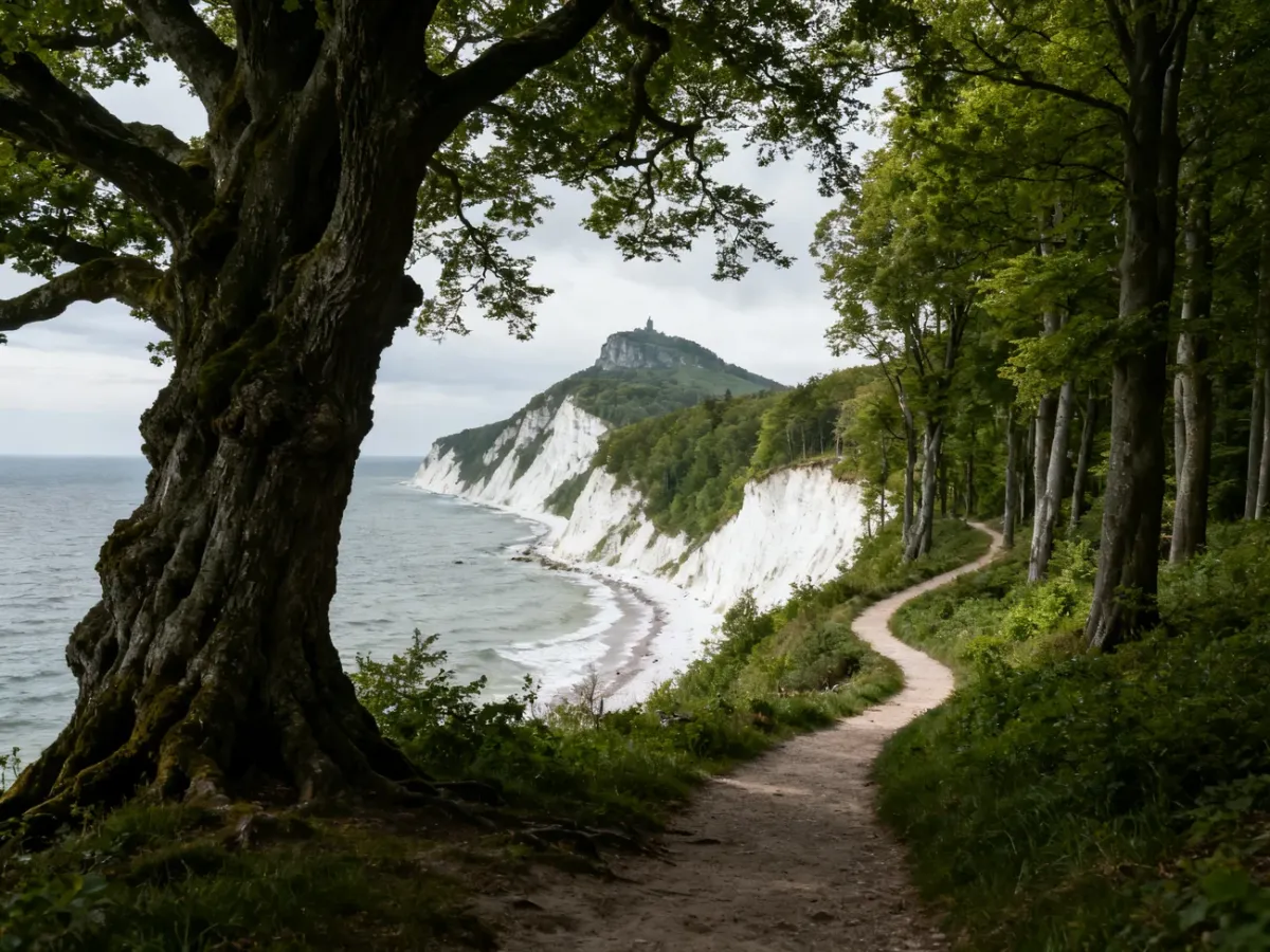 Panoramic view of the chalk cliffs and beech forests in Jasmund National Park