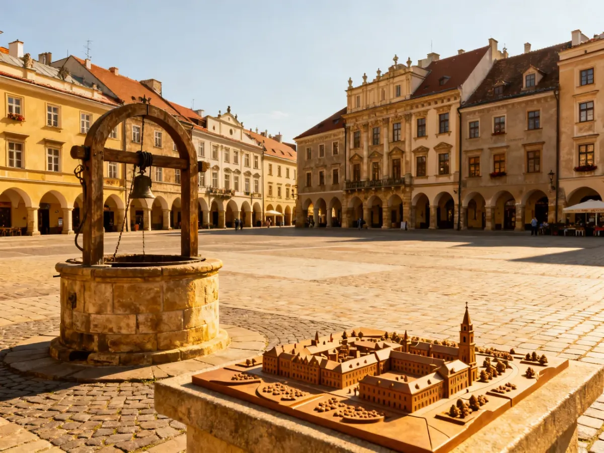 Rynek Starego Miasta w Krośnie z zabytkowymi kamienicami i studnią z makietą