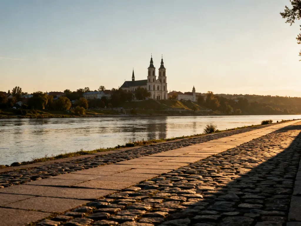 Widok na płockie nabrzeże Wisły i Wzgórze Tumskie z katedrą podczas malowniczego zachodu słońca.