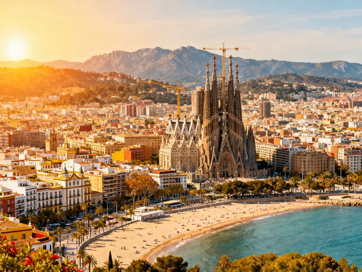 Panoramic view symbolizing Spain’s cities, beaches, mountains and cultural heritage