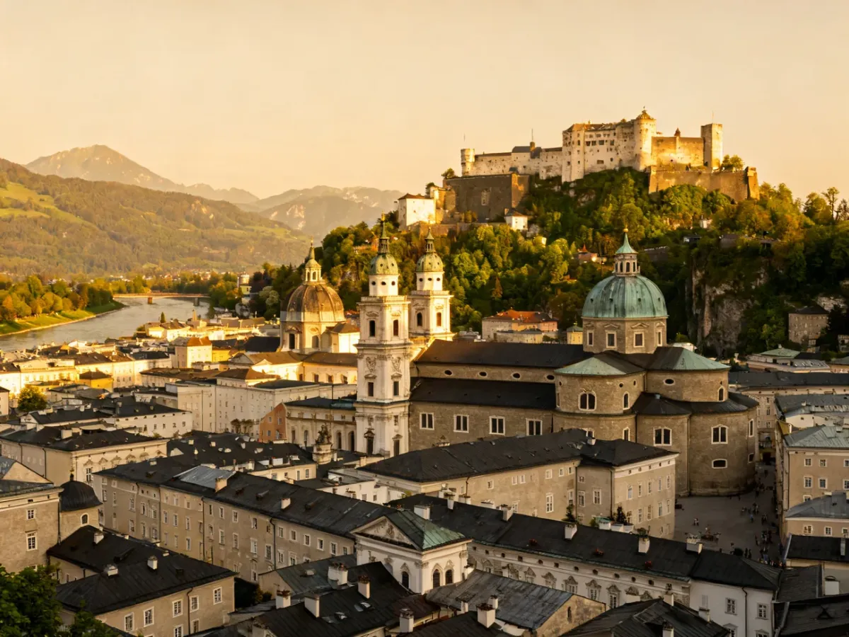 Panorama Salzburga z twierdzą Hohensalzburg nad barokową starówką