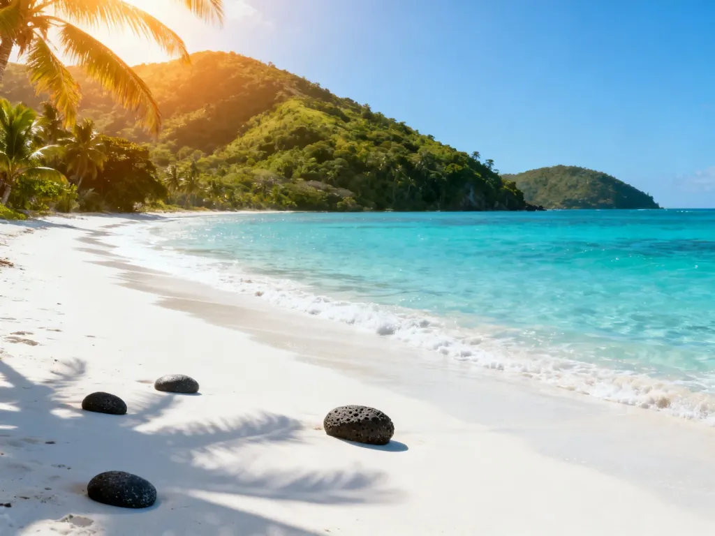 Piaszczysta plaża w Grenadzie z turkusową wodą i bujnymi wzgórzami w tle w świetle zachodzącego słońca.